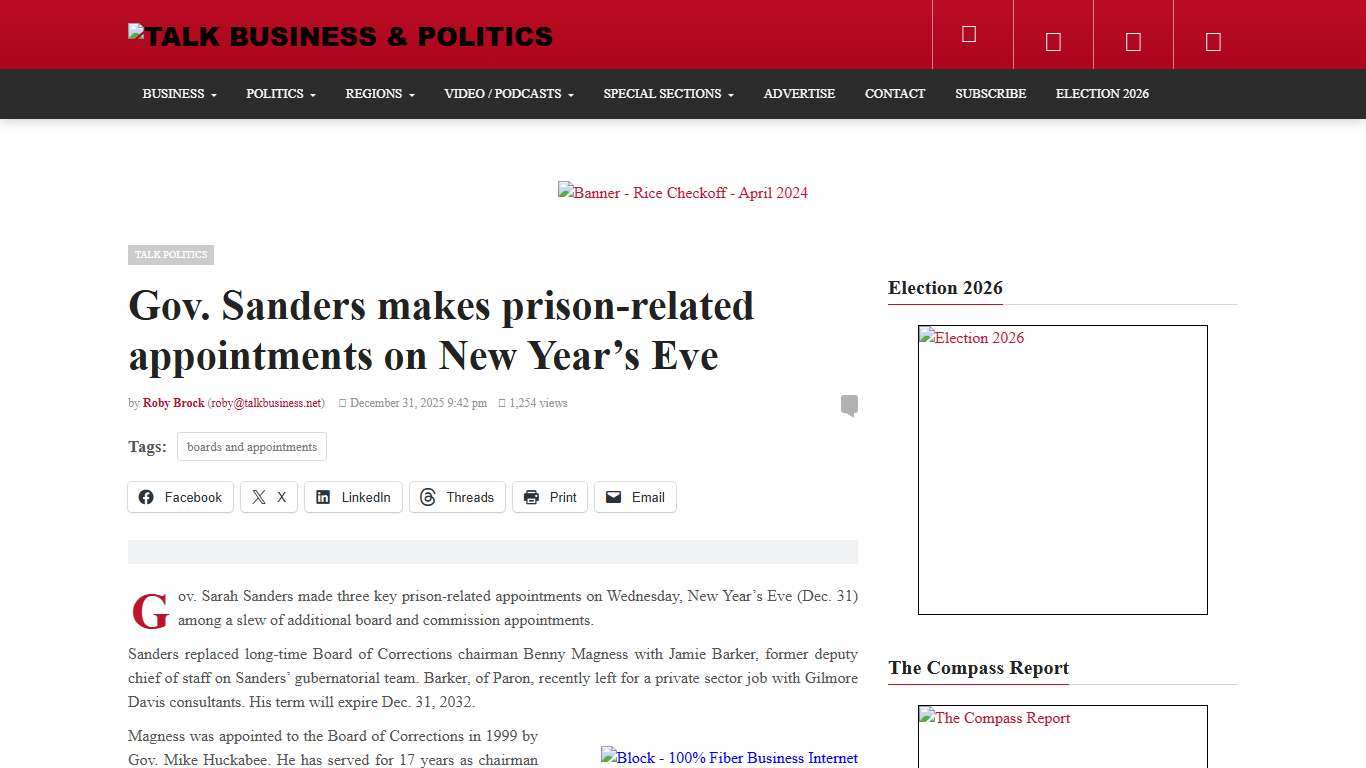 Gov. Sanders makes prison-related appointments on New Year's Eve - Talk Business & Politics