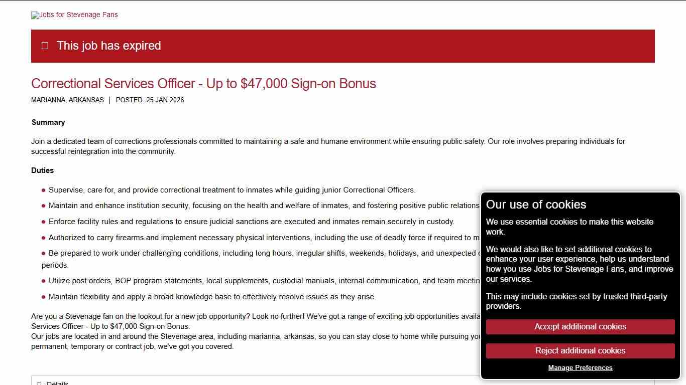 Correctional Services Officer - Up to $47,000 Sign-on Bonus, Marianna, Arkansas - Jobs for Stevenage Fans